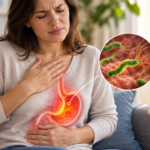 Mujer en su hogar con molestias de acidez y representación médica del estómago con Helicobacter pylori