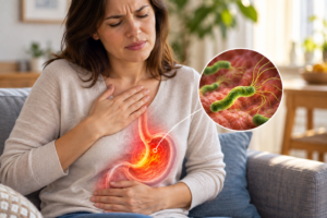 Mujer en su hogar con molestias de acidez y representación médica del estómago con Helicobacter pylori