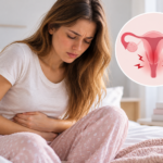 Mujer con dolor menstrual e ilustración del útero asociada a dismenorrea