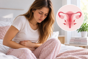 Mujer con dolor menstrual e ilustración del útero asociada a dismenorrea