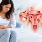 Mujer con dolor pélvico e ilustración médica del útero con lesiones de endometriosis