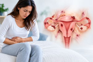 Mujer con dolor pélvico e ilustración médica del útero con lesiones de endometriosis