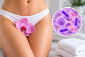 Hombre junto a ilustración microscópica de Neisseria gonorrhoeae