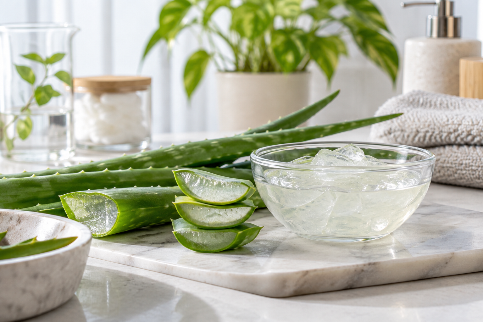 Hojas de aloe vera y gel fresco en un entorno doméstico