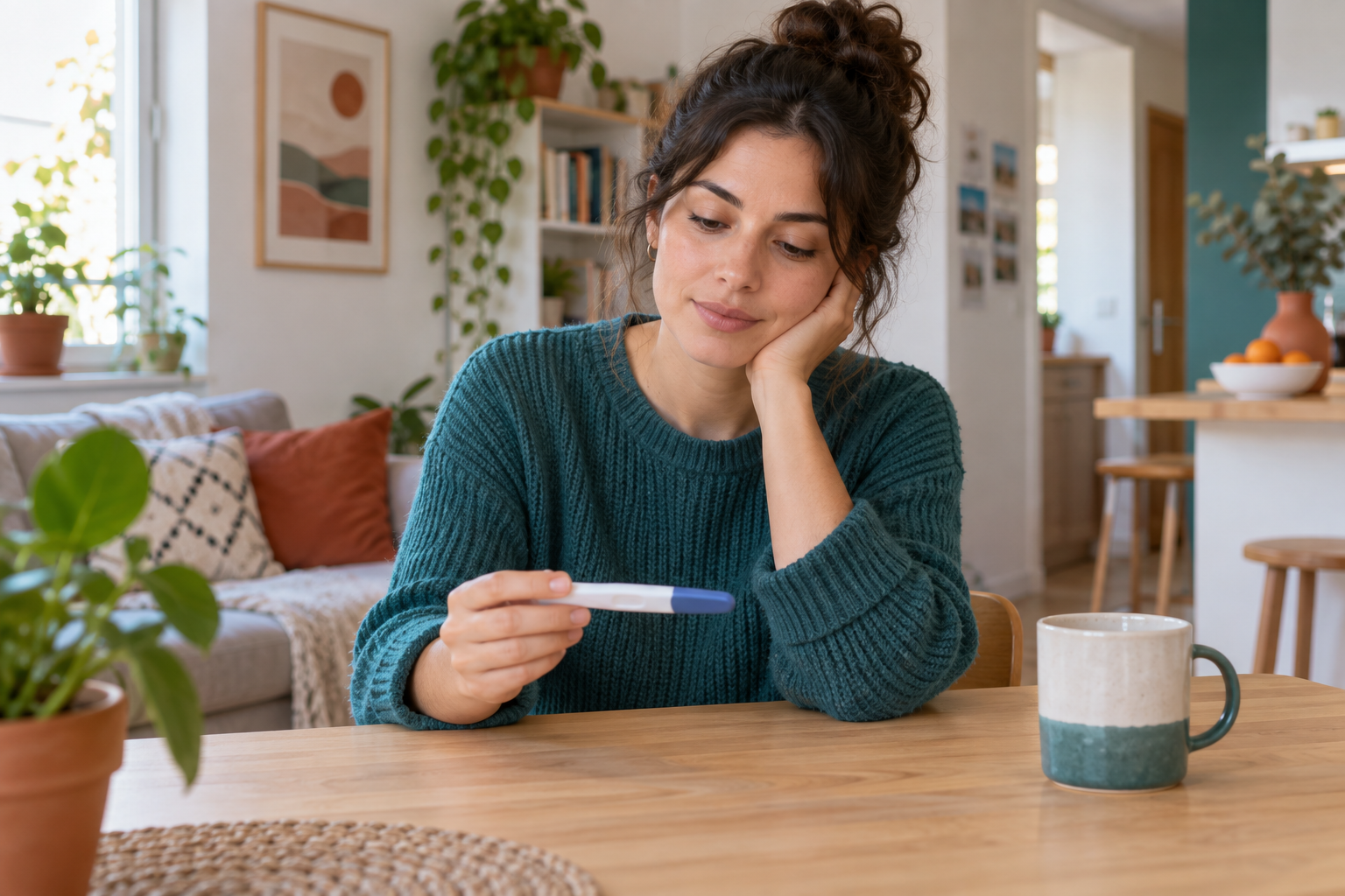 Mujer revisando un test de embarazo en su casa