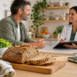 Pan sobre una mesa en primer plano y una conversación nutricional al fondo.