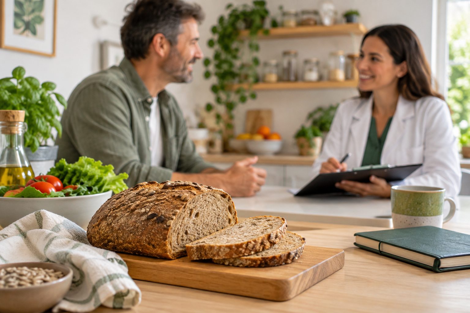 Pan sobre una mesa en primer plano y una conversación nutricional al fondo.