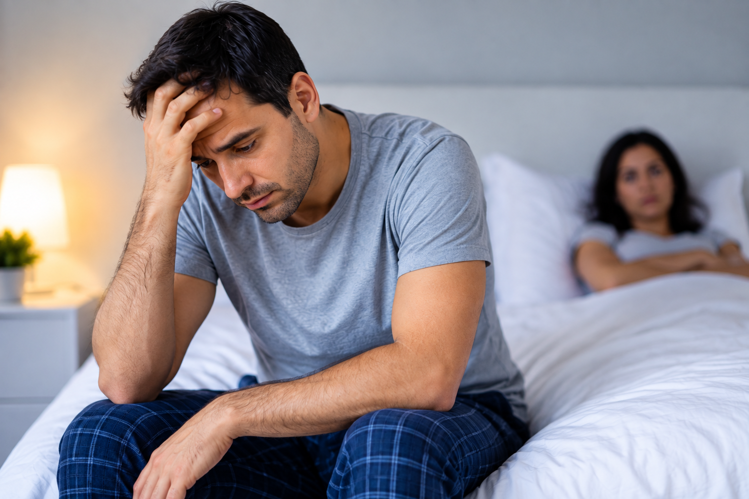 Hombre preocupado en el dormitorio, representación de la disfunción eréctil y su impacto en la pareja