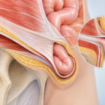 Ilustración anatómica de una hernia inguinal con protrusión a través de la pared abdominal