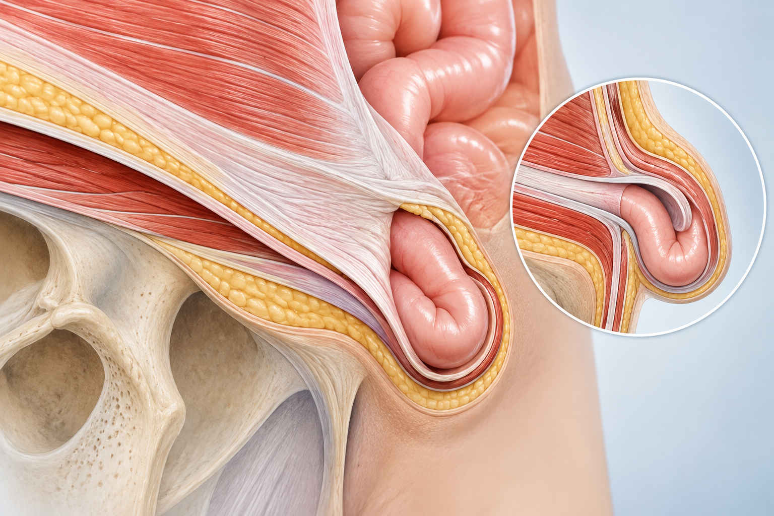 Ilustración anatómica de una hernia inguinal con protrusión a través de la pared abdominal