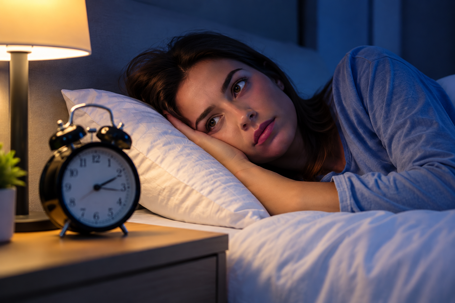 Mujer despierta durante la noche con dificultad para dormir, representación del insomnio