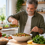Hombre de mediana edad preparando una comida con verduras y legumbres en una cocina sencilla.