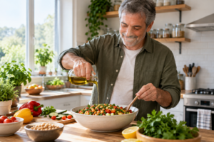 Hombre de mediana edad preparando una comida con verduras y legumbres en una cocina sencilla.