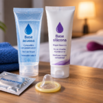 Lubricantes íntimos de base acuosa y silicona junto a preservativo