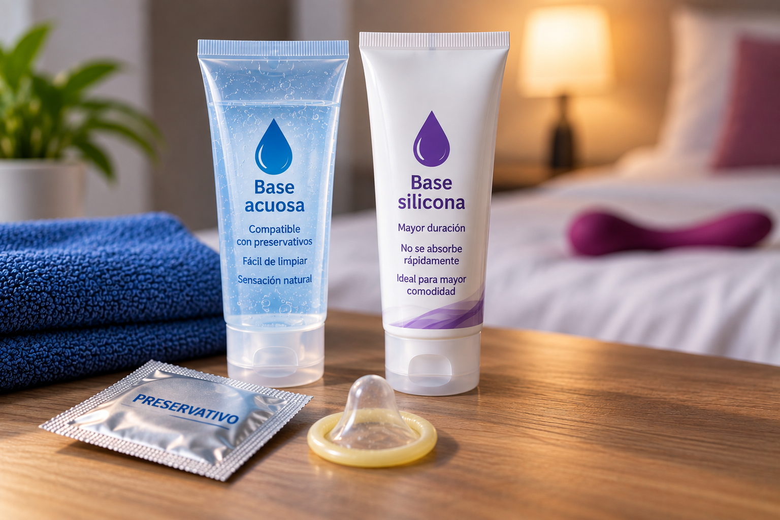 Lubricantes íntimos de base acuosa y silicona junto a preservativo