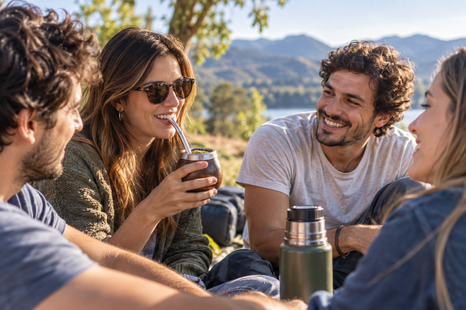 Grupo de amigos compartiendo mate al aire libre, tradición argentina