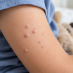 Lesiones pequeñas, perladas y umbilicadas de molusco contagioso en el brazo de un niño