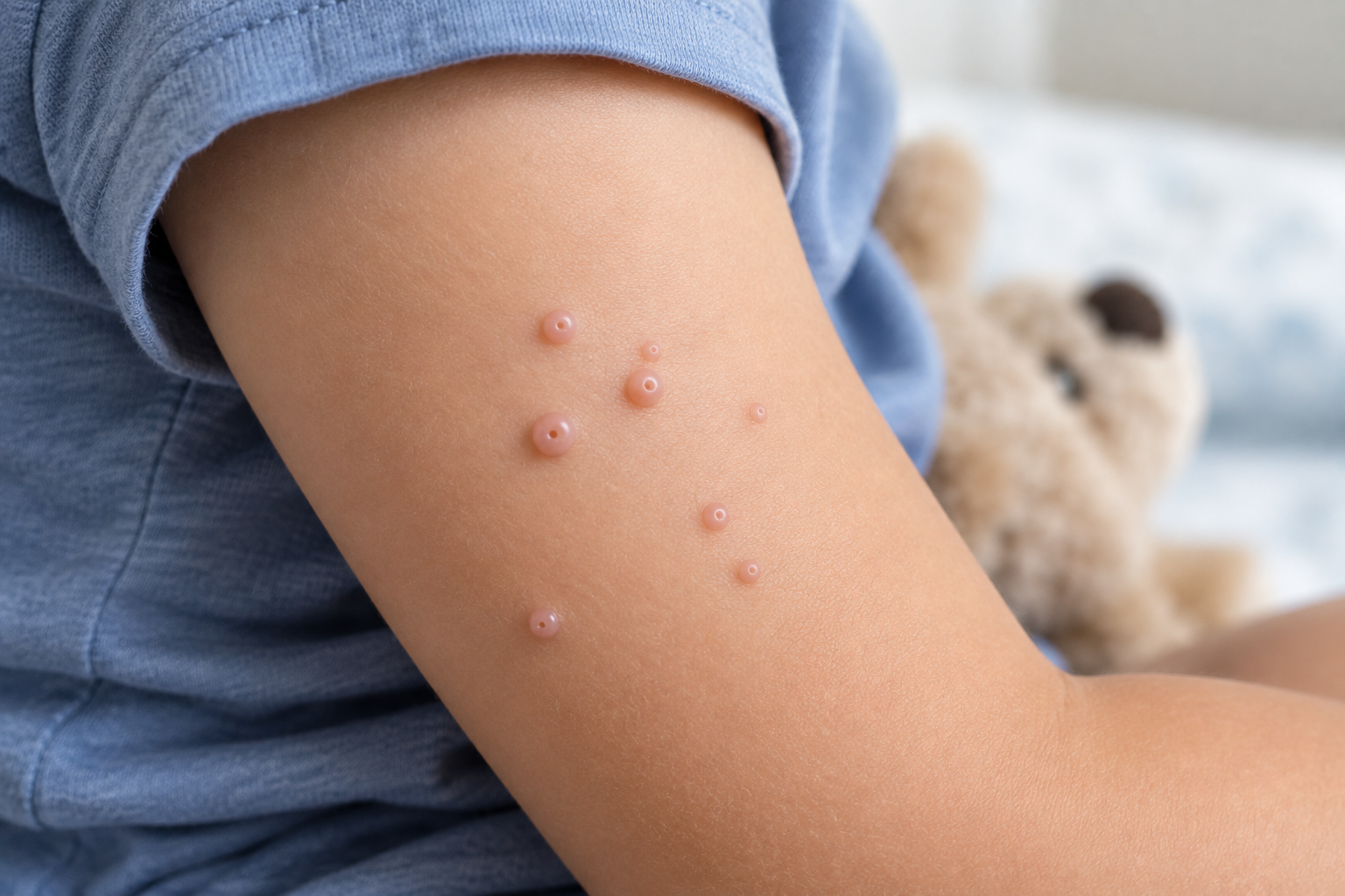 Lesiones pequeñas, perladas y umbilicadas de molusco contagioso en el brazo de un niño