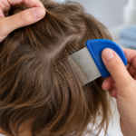 Revisión del cabello de un niño con peine fino para detectar y retirar piojos y liendres