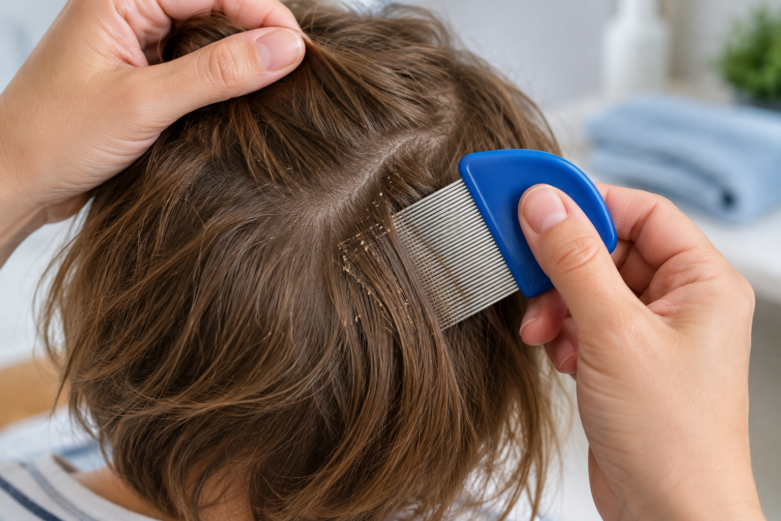 Revisión del cabello de un niño con peine fino para detectar y retirar piojos y liendres