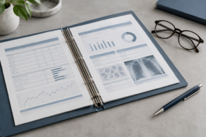 Carpeta con informes de estudios, anteojos y lapicera sobre una mesa.
