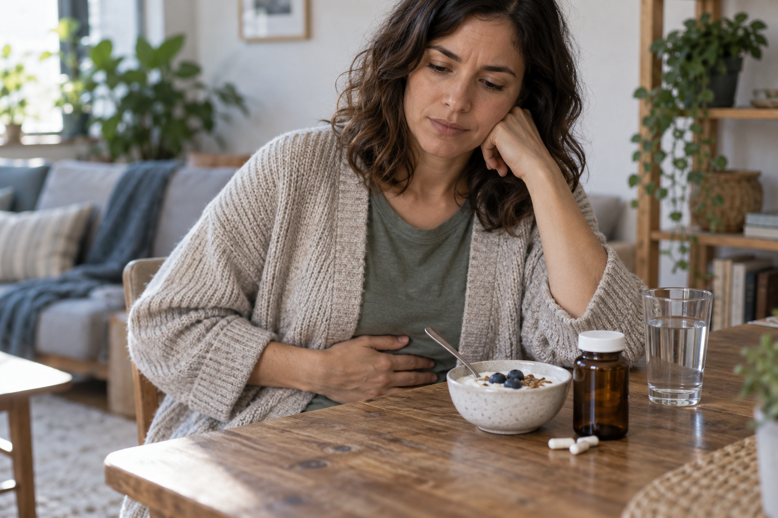 Mujer con malestar digestivo junto a un suplemento probiótico