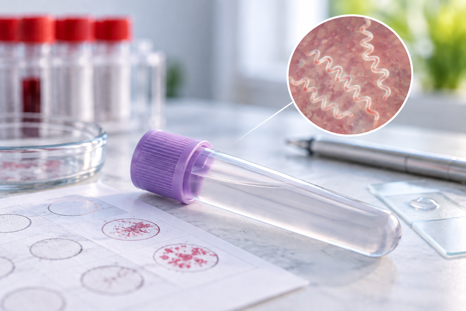 Prueba de laboratorio para diagnóstico de sífilis con representación de Treponema pallidum