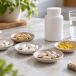 Diferentes suplementos y comprimidos de magnesio junto a un vaso de agua