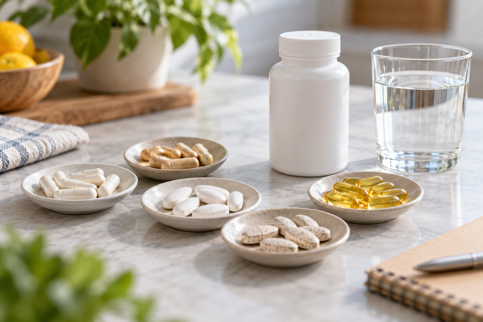 Diferentes suplementos y comprimidos de magnesio junto a un vaso de agua
