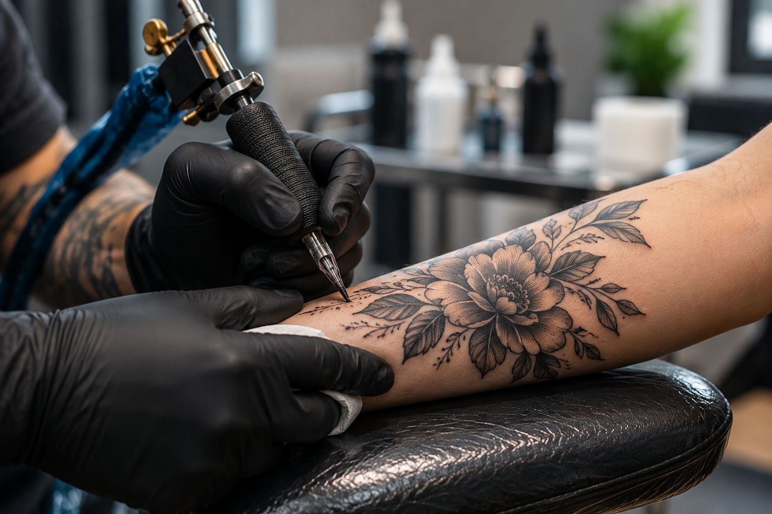 Realización de un tatuaje floral con máquina profesional y medidas de higiene