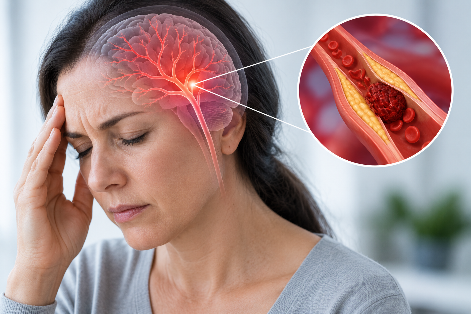 Representación médica de la circulación cerebral y una arteria parcialmente obstruida durante un ataque isquémico transitorio