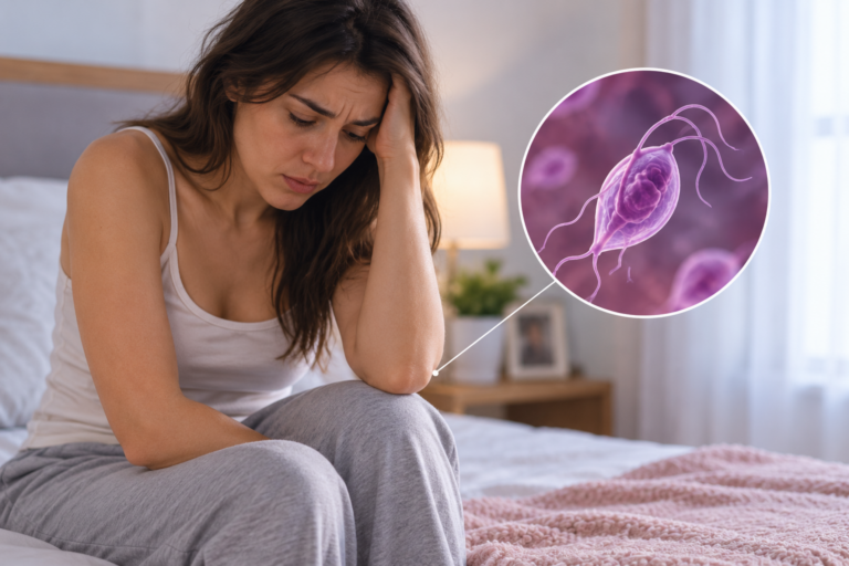 Mujer preocupada en su hogar con representación microscópica de Trichomonas vaginalis