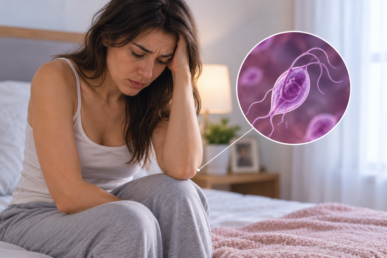Mujer preocupada en su hogar con representación microscópica de Trichomonas vaginalis