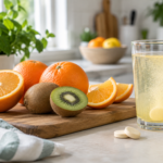 Cítricos frescos junto a una bebida efervescente y comprimidos de vitamina C
