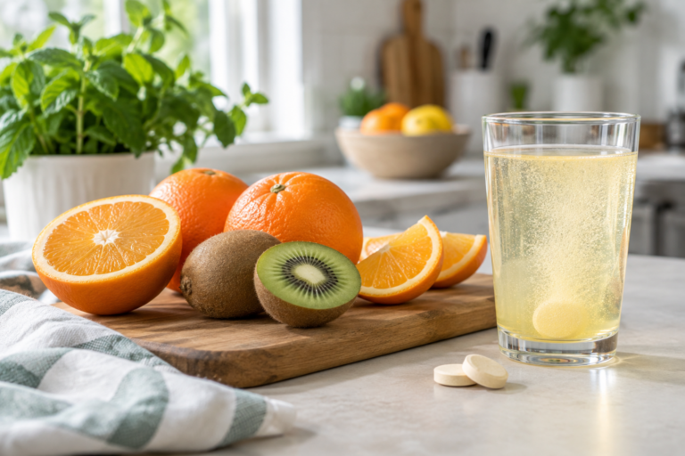 Cítricos frescos junto a una bebida efervescente y comprimidos de vitamina C
