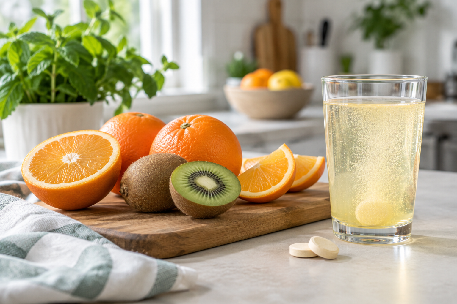 Cítricos frescos junto a una bebida efervescente y comprimidos de vitamina C
