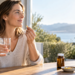 Mujer tomando un suplemento de vitamina D junto a una ventana con luz solar