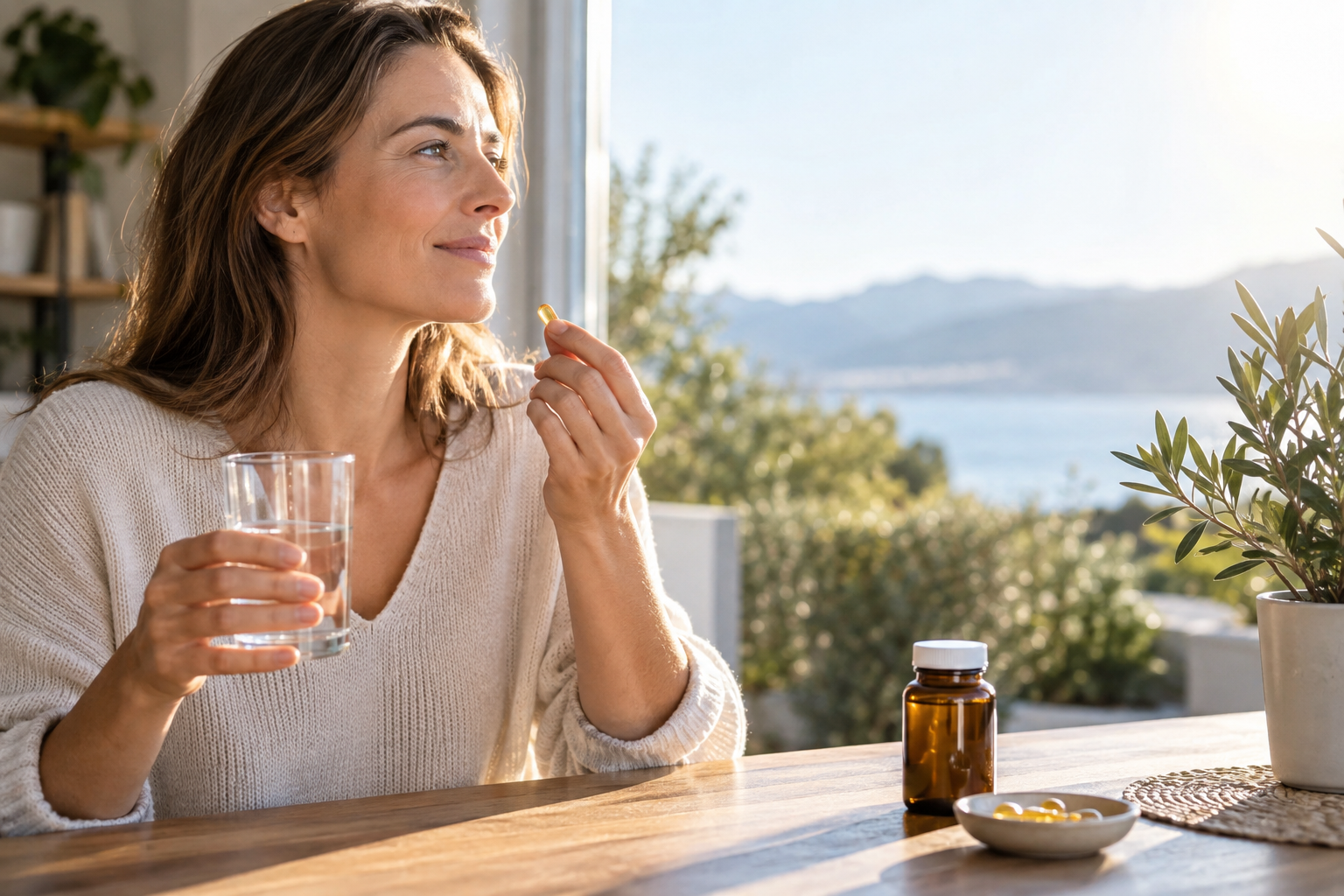 Mujer tomando un suplemento de vitamina D junto a una ventana con luz solar