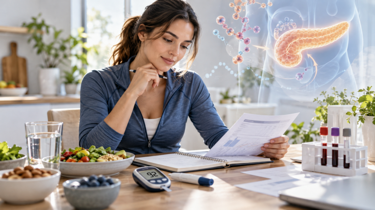 Mujer revisando estudios de laboratorio sobre glucosa e insulina