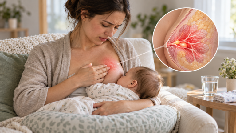 Mujer amamantando con dolor mamario compatible con mastitis