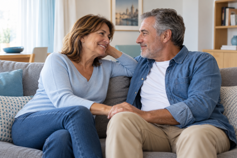 Pareja adulta conversa con cercanía sobre intimidad y salud cardiovascular
