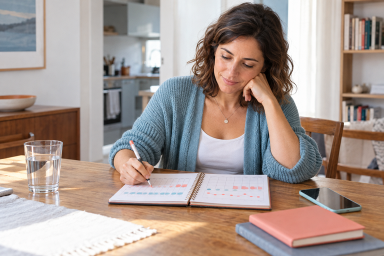 Mujer joven con calendario menstrual y síntomas premenstruales